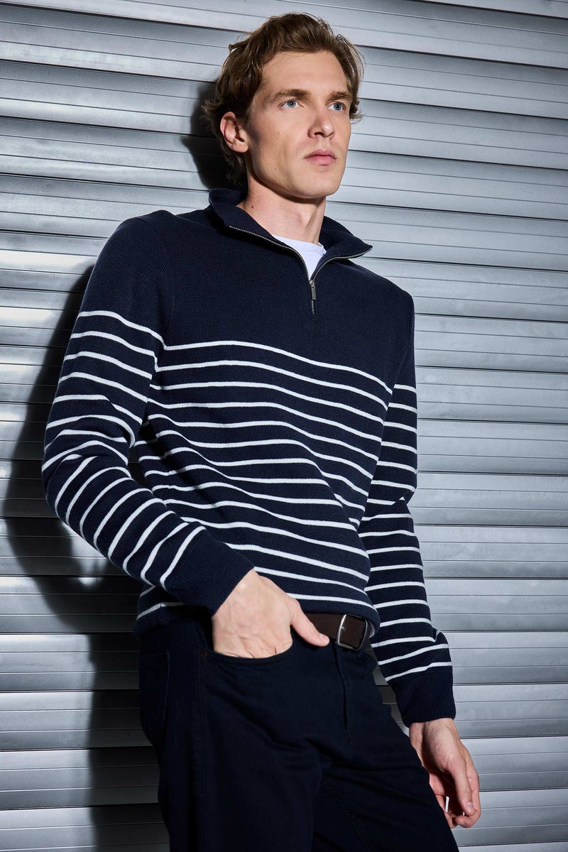 DeFacto Blue Man Standard Fit Half Zippered Striped Knit Pullover Casual - Image 1